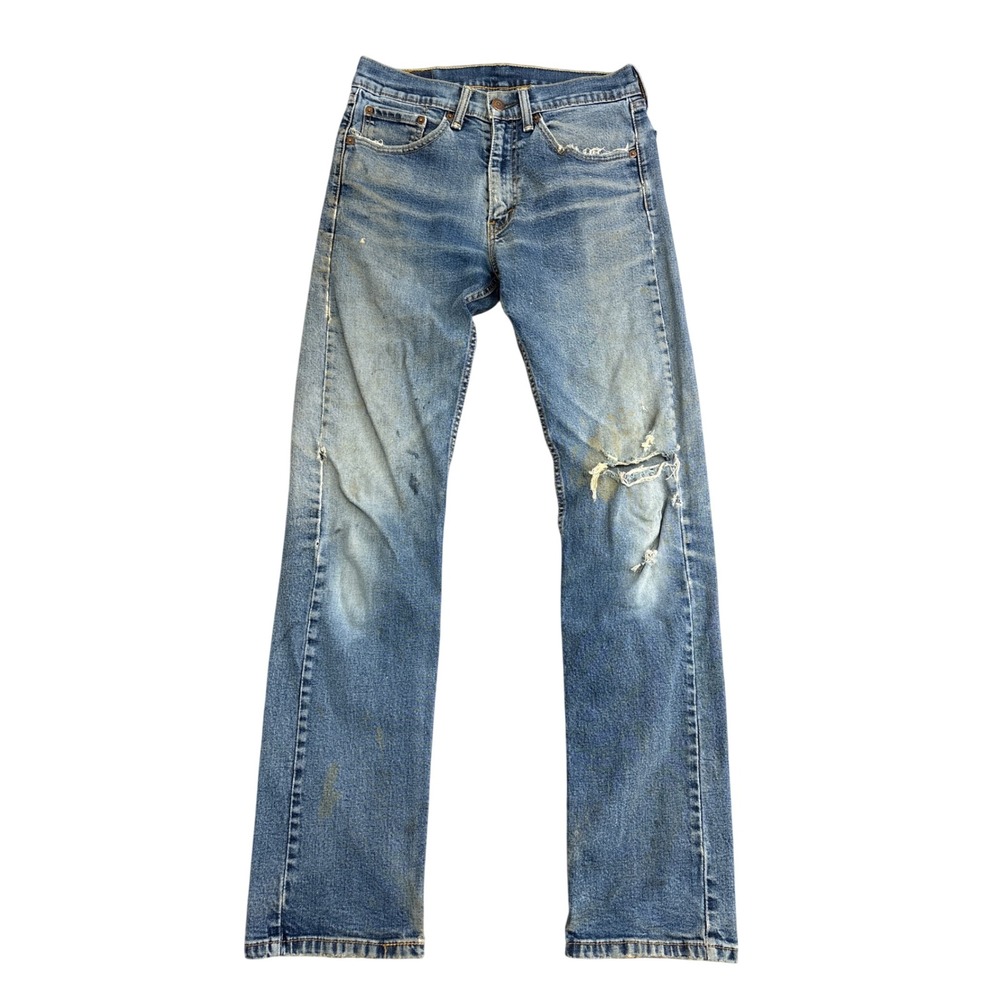 Levis 514 Slim Straight Jeans Mens 31x34 Distressed Light Wash Blue Denim